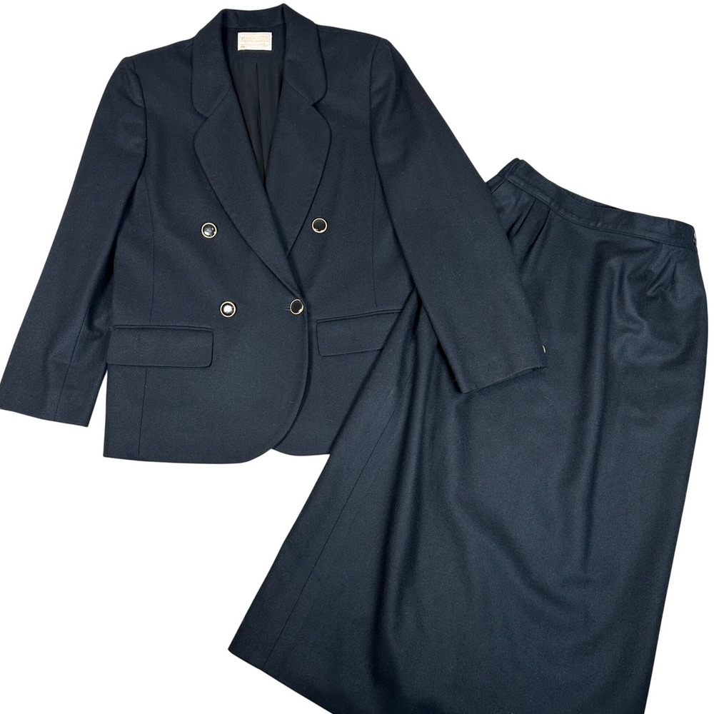 Pendleton Vintage Wool Skirt Suit black Double Breasted Blazer Set business‎